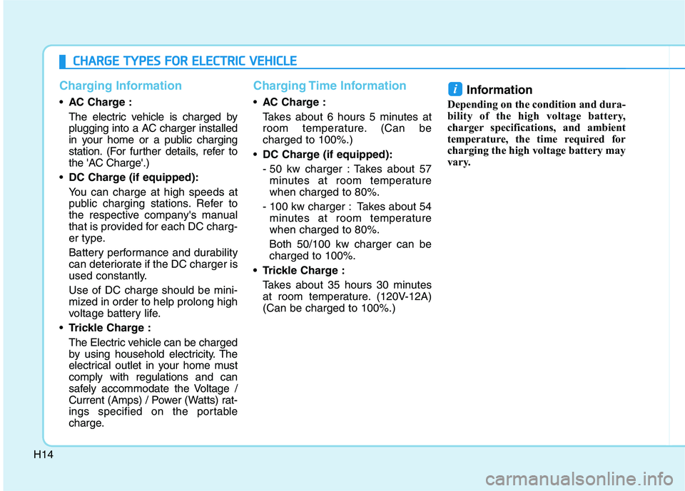 HYUNDAI IONIQ ELECTRIC 2022  Owners Manual H14
Charging Information
AC Charge : 
The electric vehicle is charged by 
plugging into a AC charger installed
in your home or a public charging
station. (For further details, refer to
the AC Charge