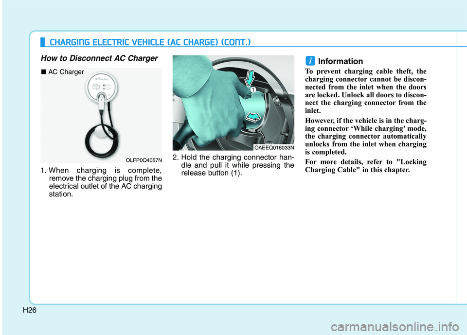 HYUNDAI IONIQ ELECTRIC 2022  Owners Manual H26
How to Disconnect AC Charger
1. When charging is complete,remove the charging plug from the 
electrical outlet of the AC chargingstation. 2. Hold the charging connector han-
dle and pull it while 