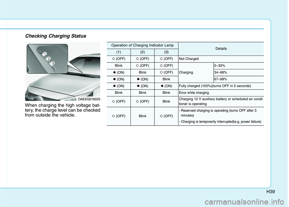 HYUNDAI IONIQ ELECTRIC 2022  Owners Manual H39
Checking Charging Status
When charging the high voltage bat- 
tery, the charge level can be checked
from outside the vehicle.
OAEEQ016025
Operation of Charging Indicator LampDetails(1)(2)(3)
�(OFF