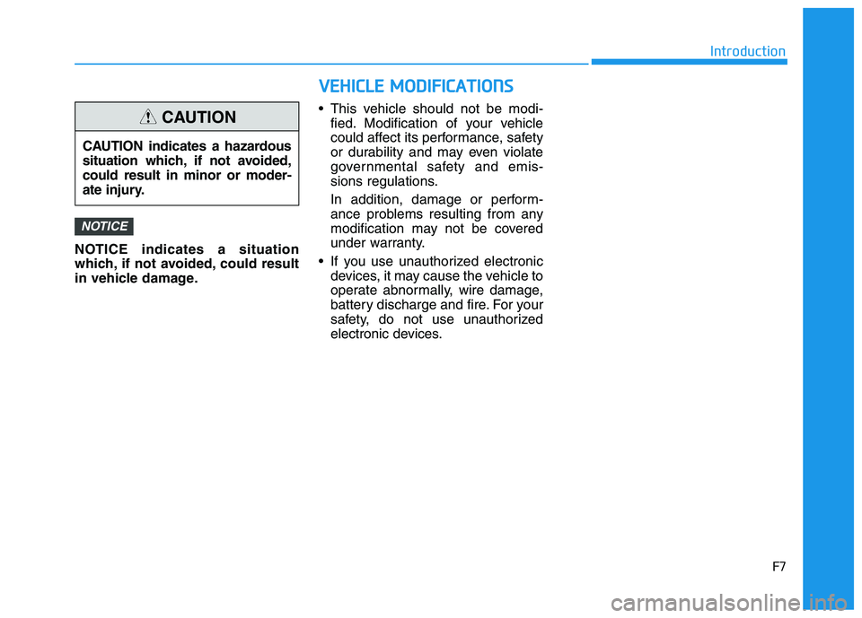 HYUNDAI IONIQ ELECTRIC 2022  Owners Manual F7
Introduction
NOTICE indicates a situation 
which, if not avoided, could result
in vehicle damage.• This vehicle should not be modi-
fied. Modification of your vehicle
could affect its performance