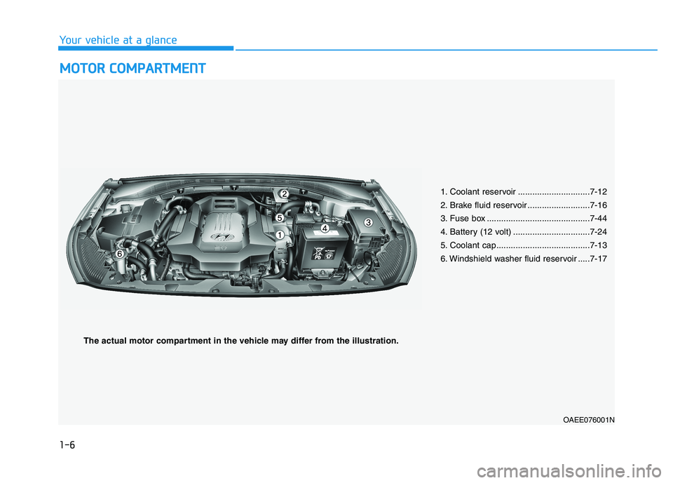 HYUNDAI IONIQ ELECTRIC 2022  Owners Manual 1-6
Your vehicle at a glanceM
M OOTTOO RR  CC OO MM PPAA RRTTMM EENN TT
1. Coolant reservoir ..............................7-12 
2. Brake fluid reservoir ..........................7-16
3. Fuse box ...
