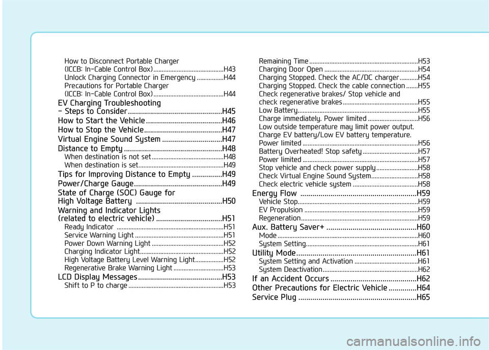 HYUNDAI IONIQ ELECTRIC 2021  Owners Manual How to Disconnect Portable Charger  
(ICCB: In-Cable Control Box) ..........................................H43Unlock Charging Connector in Emergency ................H44
Precautions for Portable Charg