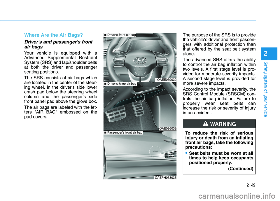 HYUNDAI IONIQ ELECTRIC 2021  Owners Manual 2-49
Safety system of your vehicle
2
Where Are the Air Bags? 
Drivers and passengers frontair bags 
Your vehicle is equipped with a 
Advanced Supplemental RestraintSystem (SRS) and lap/shoulder belt