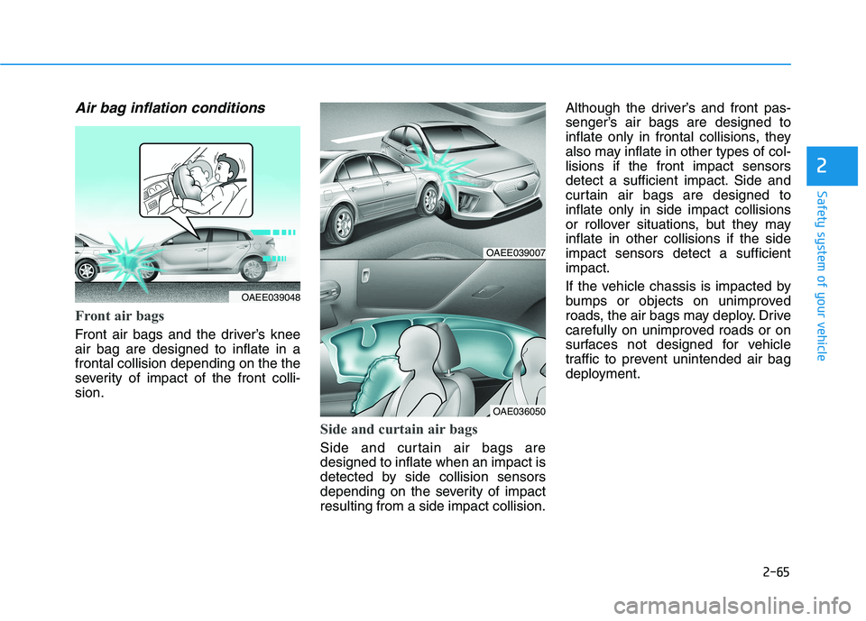 HYUNDAI IONIQ ELECTRIC 2021  Owners Manual 2-65
Safety system of your vehicle
2
Air bag inflation conditions 
Front air bags 
Front air bags and the driver’s knee air bag are designed to inflate in afrontal collision depending on the the
sev