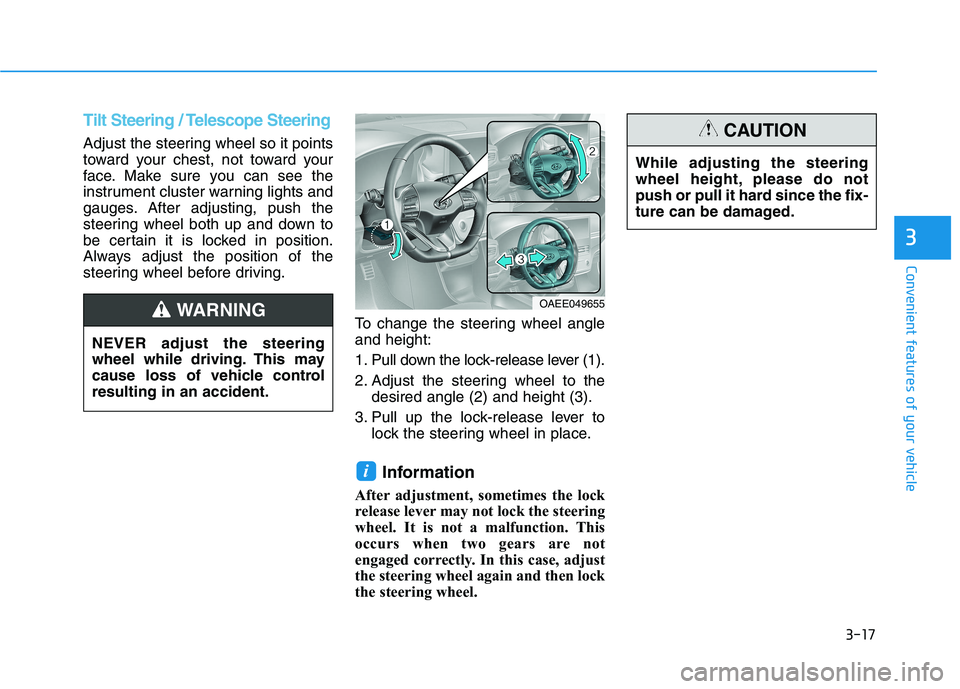 HYUNDAI IONIQ ELECTRIC 2021  Owners Manual 3-17
Convenient features of your vehicle
3
Tilt Steering / Telescope Steering
Adjust the steering wheel so it points 
toward your chest, not toward your
face. Make sure you can see the
instrument clus