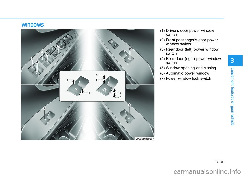 HYUNDAI IONIQ ELECTRIC 2021  Owners Manual 3-31
Convenient features of your vehicle
3
(1) Driver’s door power windowswitch
(2) Front passenger’s door power window switch
(3) Rear door (left) power window switch
(4) Rear door (right) power 