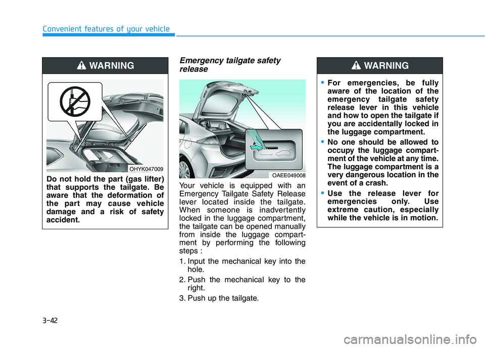 HYUNDAI IONIQ ELECTRIC 2021  Owners Manual 3-42
Convenient features of your vehicle
Emergency tailgate safetyrelease
Your vehicle is equipped with an 
Emergency Tailgate Safety Release
lever located inside the tailgate.
When someone is inadver