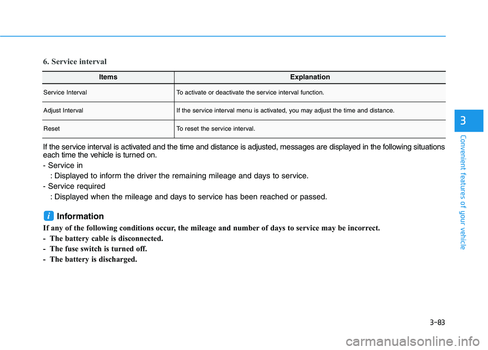 HYUNDAI IONIQ ELECTRIC 2021  Owners Manual 3-83
Convenient features of your vehicle
3
ItemsExplanation
Service IntervalTo activate or deactivate the service interval function.
Adjust IntervalIf the service interval menu is activated, you may a
