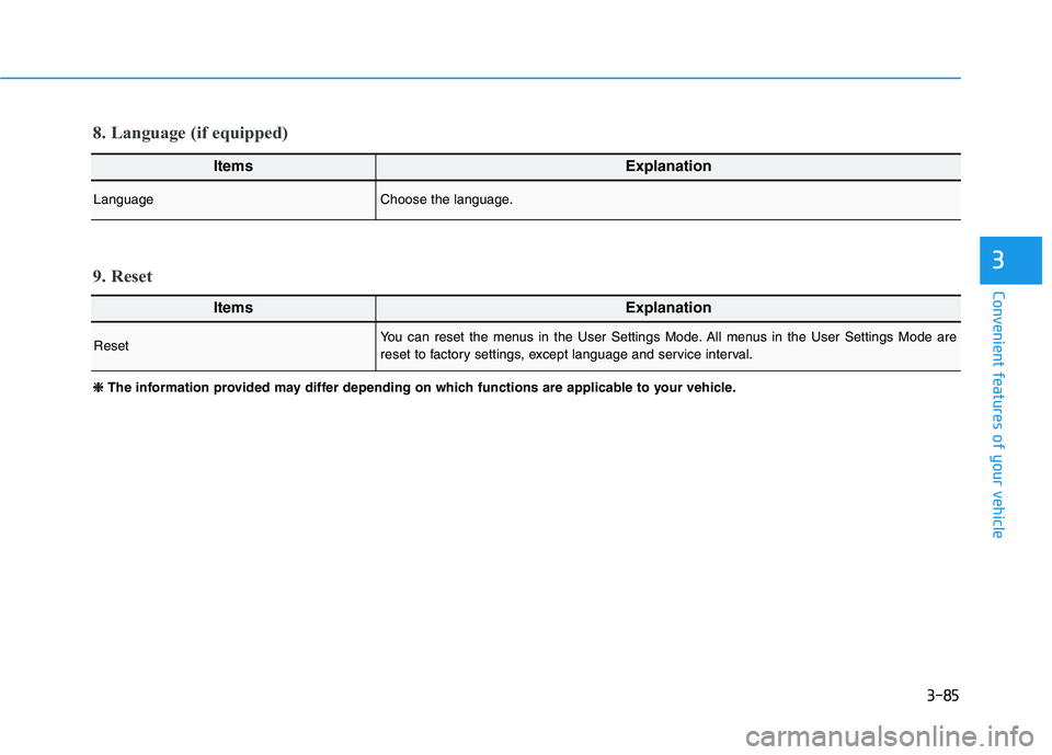 HYUNDAI IONIQ ELECTRIC 2021  Owners Manual 3-85
Convenient features of your vehicle
3
ItemsExplanation
LanguageChoose the language.
8. Language (if equipped)
ItemsExplanation
ResetYou can reset the menus in the User Settings Mode. All menus in