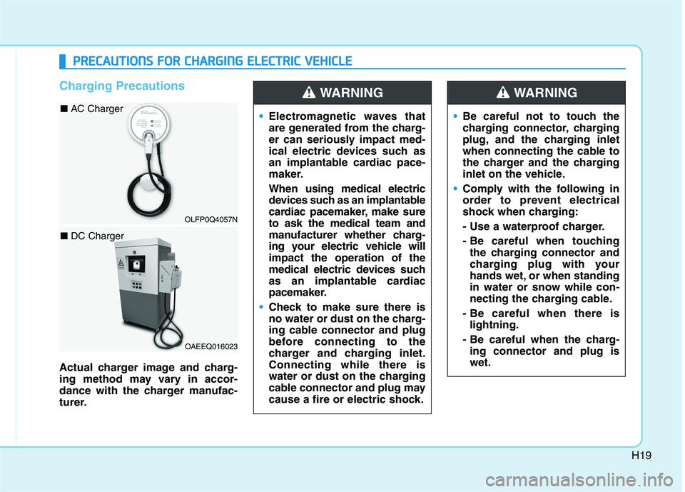 HYUNDAI IONIQ ELECTRIC 2021  Owners Manual H19
Charging Precautions
Actual charger image and charg- 
ing method may vary in accor-
dance with the charger manufac-
turer.
Electromagnetic waves that 
are generated from the charg-
er can seriousl