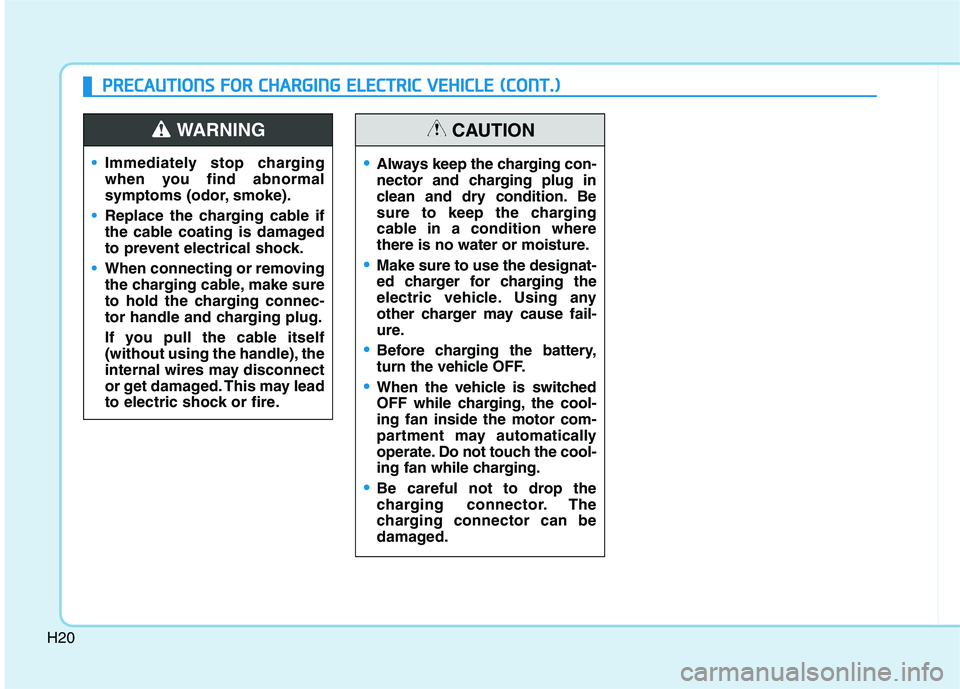 HYUNDAI IONIQ ELECTRIC 2021  Owners Manual H20
Immediately stop charging 
when you find abnormal
symptoms (odor, smoke).
Replace the charging cable if 
the cable coating is damaged
to prevent electrical shock.
When connecting or removing 
the 