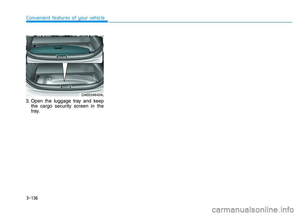 HYUNDAI IONIQ ELECTRIC 2021  Owners Manual 3-136
Convenient features of your vehicle
3. Open the luggage tray and keepthe cargo security screen in the 
tray.
OAEE046424L  