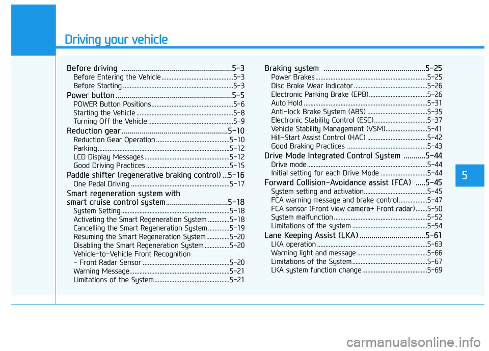 HYUNDAI IONIQ ELECTRIC 2021  Owners Manual Driving your vehicle
Before driving .......................................................5-3Before Entering the Vehicle ...........................................5-3 
Before Starting ..............