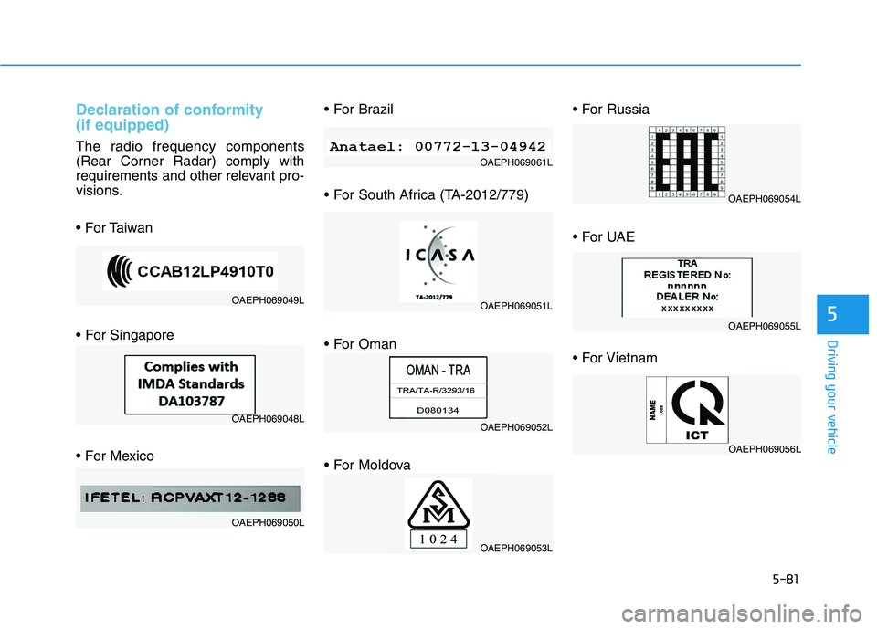 HYUNDAI IONIQ ELECTRIC 2021  Owners Manual 5-81
Driving your vehicle
5
Declaration of conformity  (if equipped)
The radio frequency components 
(Rear Corner Radar) comply with
requirements and other relevant pro-
visions. 
 
 
 
 
 
 
 

OAEPH