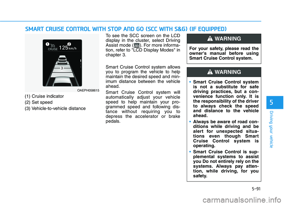 HYUNDAI IONIQ ELECTRIC 2021  Owners Manual 5-91
Driving your vehicle
5
SSMM AARRTT  CC RR UU IISS EE   CC OO NNTTRR OO LL  WW IITT HH   SS TT OO PP  AA NN DD  GG OO   (( SS CC CC   WW IITT HH   SS && GG))  (( IIFF   EE QQ UUIIPP PPEEDD ))
(1) 
