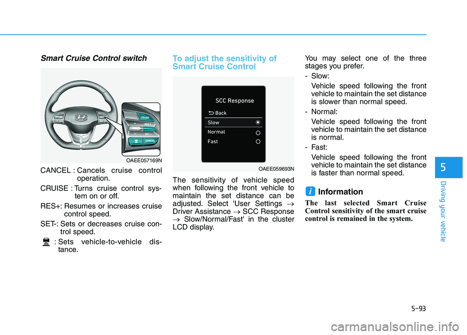 HYUNDAI IONIQ ELECTRIC 2021  Owners Manual 5-93
Driving your vehicle
5
Smart Cruise Control switch
CANCEL :Cancels cruise control 
operation.
CRUISE : Turns cruise control sys- tem on or off.
RES+: Resumes or increases cruise control speed.
SE