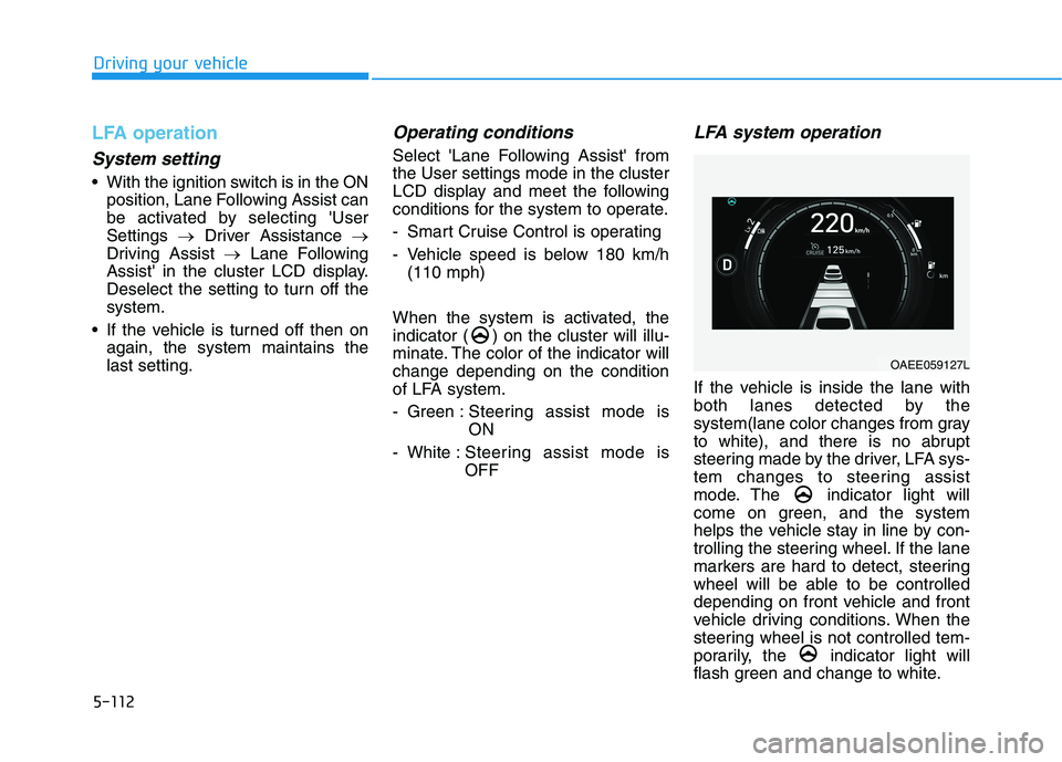 HYUNDAI IONIQ ELECTRIC 2021  Owners Manual 5-112
Driving your vehicle
LFA operation
System setting
 With the ignition switch is in the ONposition, Lane Following Assist can 
be activated by selecting UserSettings  �Driver Assistance  �
Drivin