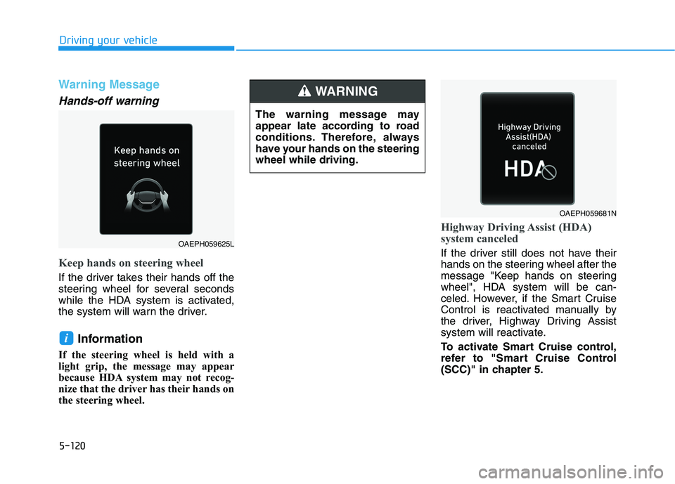 HYUNDAI IONIQ ELECTRIC 2021  Owners Manual 5-120
Driving your vehicle
Warning Message
Hands-off warning
Keep hands on steering wheel
If the driver takes their hands off the 
steering wheel for several seconds
while the HDA system is activated,