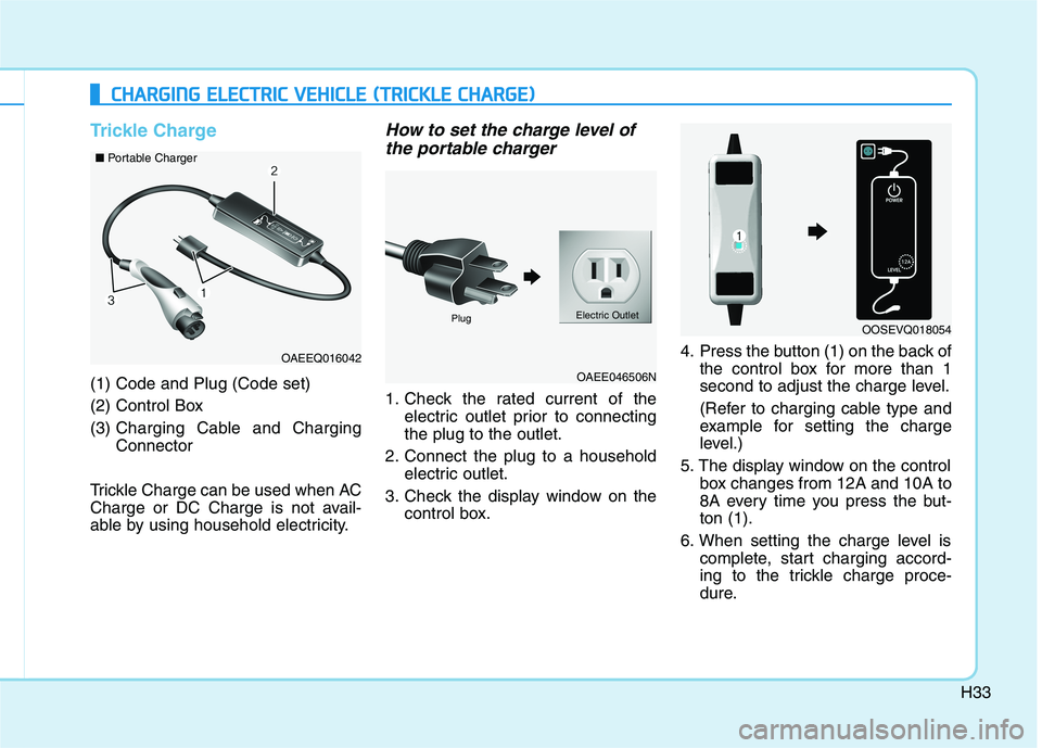 HYUNDAI IONIQ ELECTRIC 2021  Owners Manual H33
Trickle Charge
(1) Code and Plug (Code set)  
(2) Control Box(3) Charging Cable and Charging Connector
Trickle Charge can be used when AC
Charge or DC Charge is not avail-
able by using household 