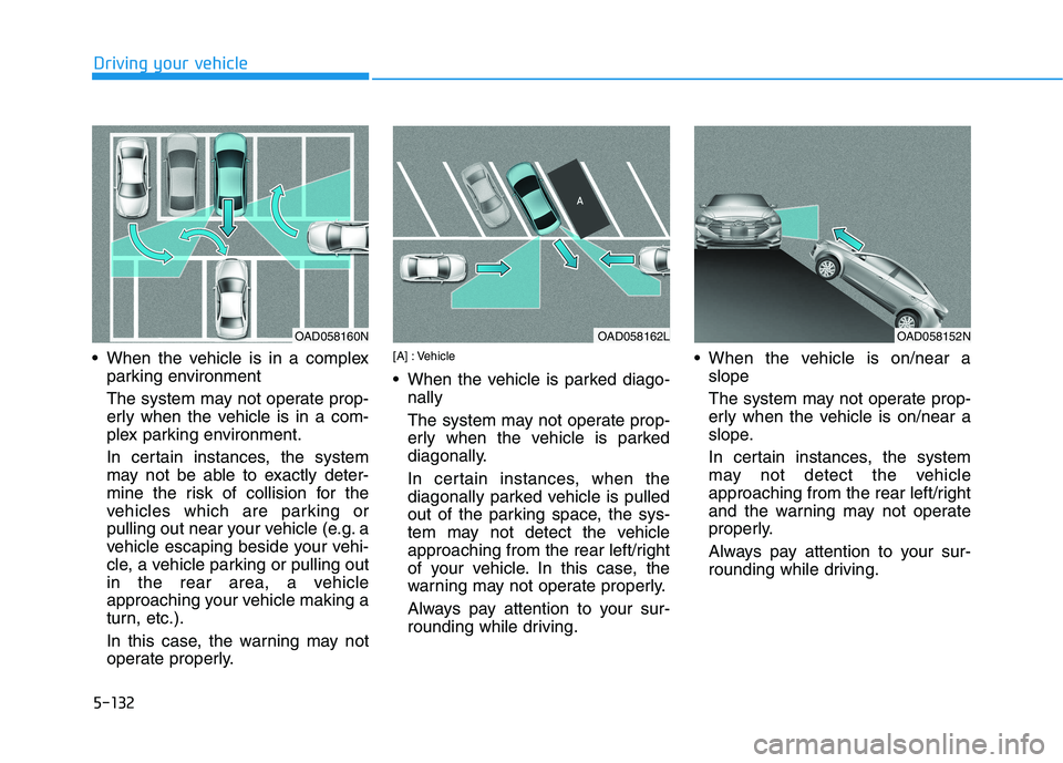 HYUNDAI IONIQ ELECTRIC 2021  Owners Manual 5-132
Driving your vehicle
 When the vehicle is in a complexparking environment  
The system may not operate prop- 
erly when the vehicle is in a com-
plex parking environment. 
In certain instances, 