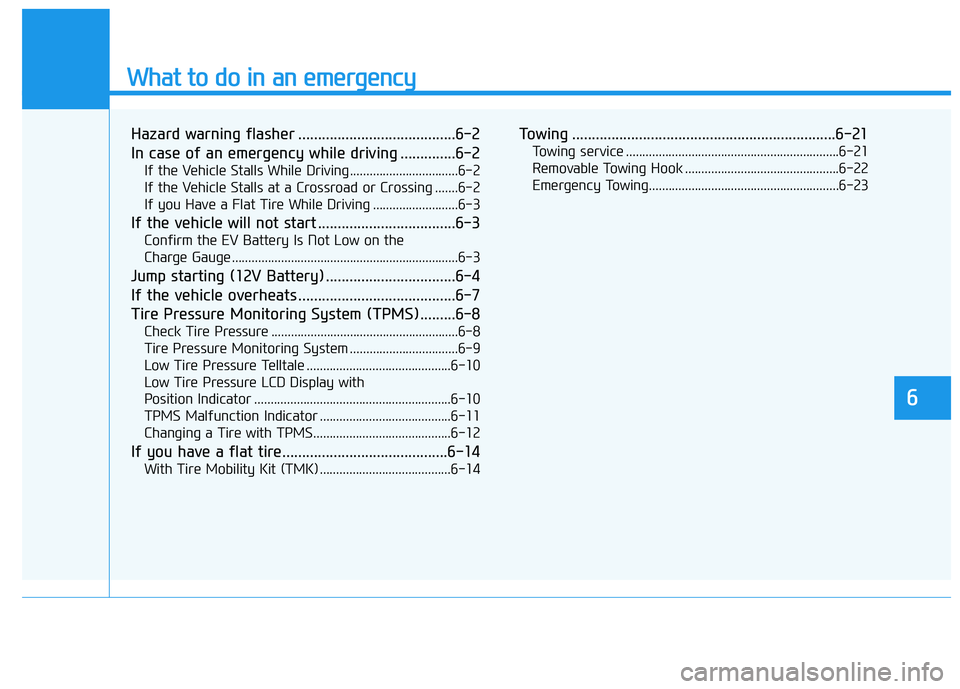 HYUNDAI IONIQ ELECTRIC 2021  Owners Manual What to do in an emergency
6
Hazard warning flasher ........................................6-2 
In case of an emergency while driving ..............6-2If the Vehicle Stalls While Driving ............