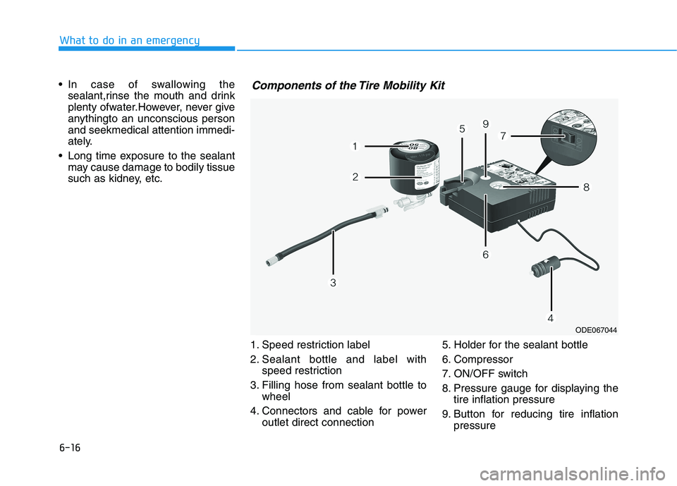 HYUNDAI IONIQ ELECTRIC 2021  Owners Manual 6-16
What to do in an emergency
 In case of swallowing thesealant,rinse the mouth and drink 
plenty ofwater.However, never give
anythingto an unconscious personand seekmedical attention immedi-
ately.