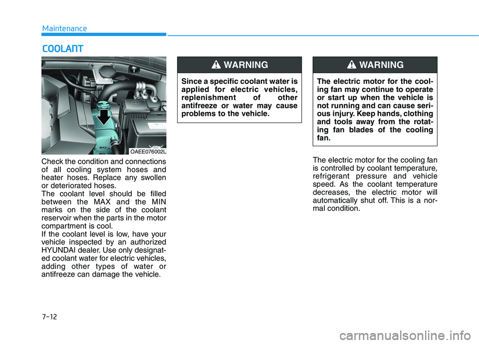 HYUNDAI IONIQ ELECTRIC 2021  Owners Manual 7-12
MaintenanceC
C OO OO LLAA NN TT
Check the condition and connections of all cooling system hoses and
heater hoses. Replace any swollen
or deteriorated hoses.
The coolant level should be filled
bet