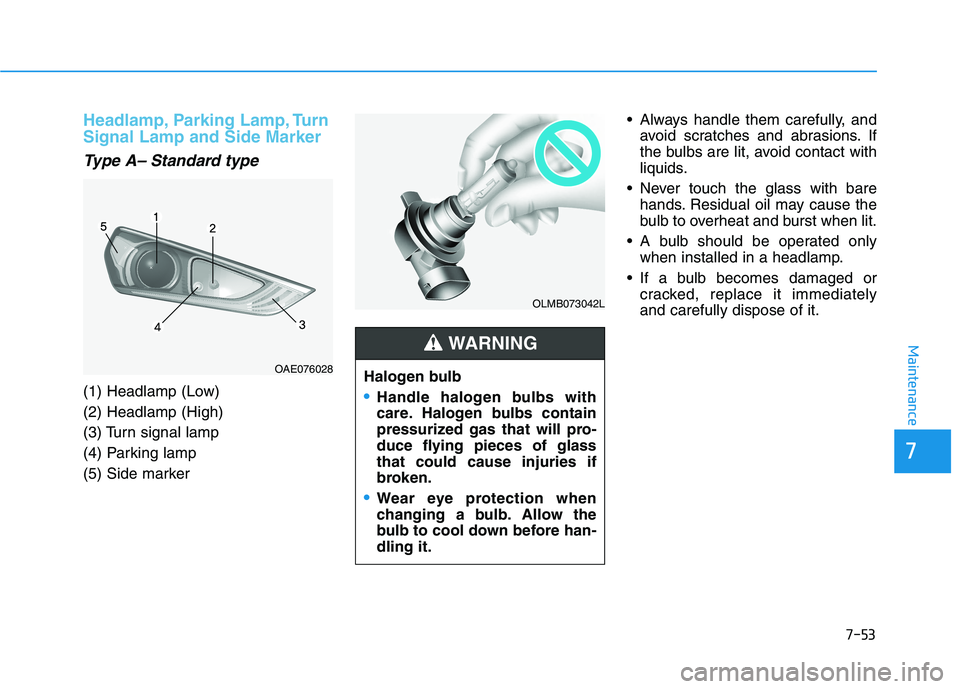 HYUNDAI IONIQ ELECTRIC 2021  Owners Manual 7-53
7
Maintenance
Headlamp, Parking Lamp, Turn Signal Lamp and Side Marker
Type A– Standard type
(1) Headlamp (Low) (2) Headlamp (High)
(3) Turn signal lamp
(4) Parking lamp
(5) Side marker Always 