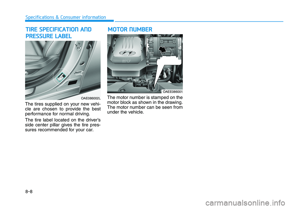 HYUNDAI IONIQ ELECTRIC 2021  Owners Manual 8-8
Specifications & Consumer information
The tires supplied on your new vehi- 
cle are chosen to provide the best
performance for normal driving. 
The tire label located on the driver’s 
side cente
