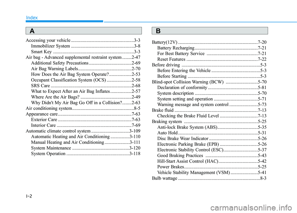 HYUNDAI IONIQ ELECTRIC 2021  Owners Manual I-2
Accessing your vehicle .....................................................3-3
Immobilizer System .....................................................3-8 
Smart Key .............................