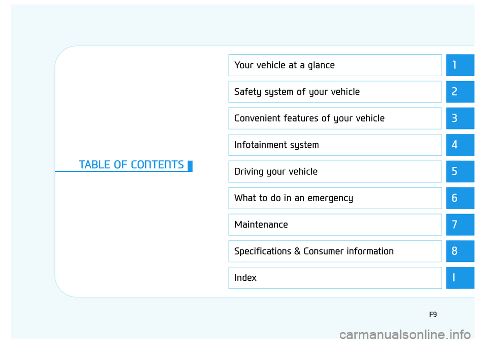 HYUNDAI IONIQ ELECTRIC 2021  Owners Manual 1
2
3
4
5
6
7
8
I
Your vehicle at a glance
Safety system of your vehicle
Convenient features of your vehicle
Infotainment system
Driving your vehicle
What to do in an emergency
Maintenance
Specificati