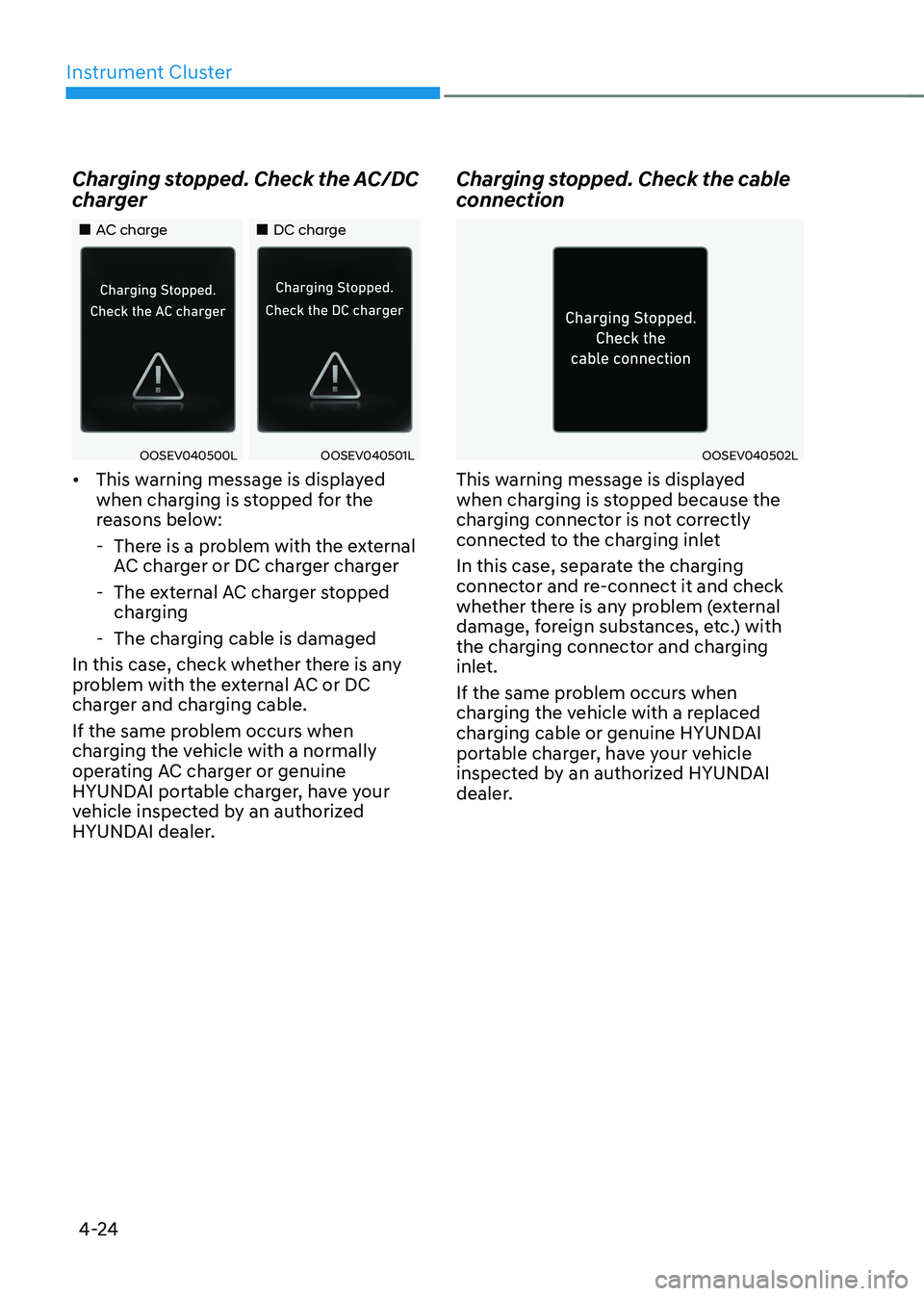 HYUNDAI IONIQ 5 2023  Owners Manual Instrument Cluster
4-24
Charging stopped. Check the AC/DC  
charger
„„AC charge
„„DC charge
OOSEV040500LOOSEV040501L
•	 This warning message is displayed  
when charging is stopp