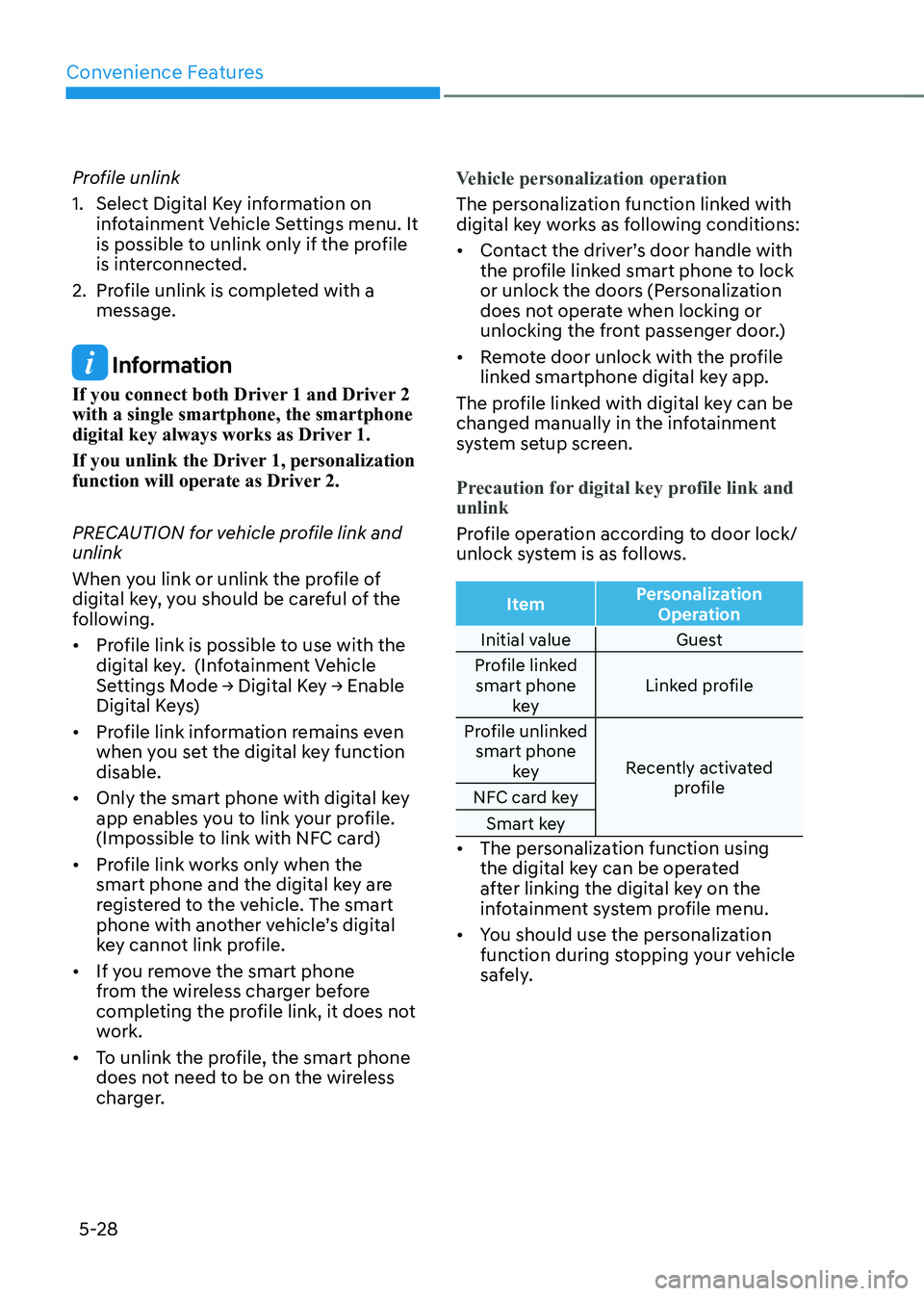 HYUNDAI IONIQ 5 2023  Owners Manual Convenience Features
5-28
Profile unlink 
1.  Select Digital Key information on 
infotainment Vehicle Settings menu. It  
is possible to unlink only if the profile 
is interconnected.
2.  Profile unli