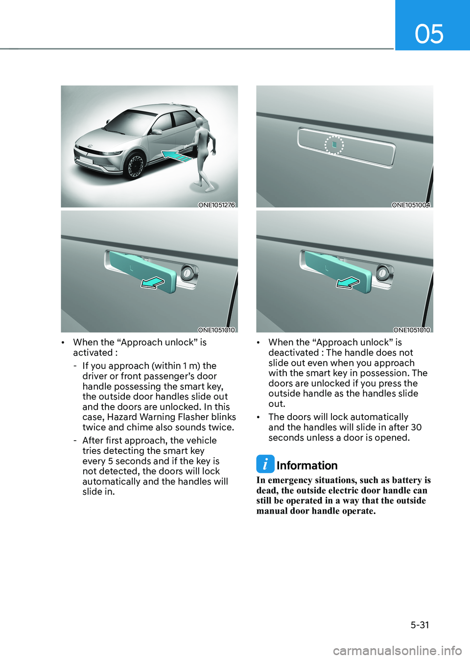 HYUNDAI IONIQ 5 2023  Owners Manual 05
5-31
ONE1051276
ONE1051010
•	 When the “Approach unlock” is  
activated : 
 - If you approach (within 1 m) the  driver or front passenger’s door 
handle possessing the smart key, the outsid