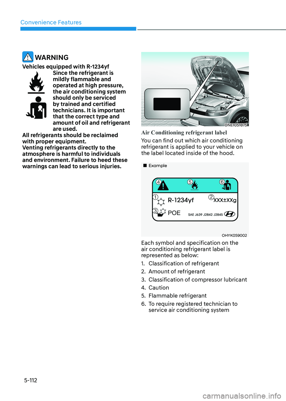 HYUNDAI IONIQ 5 2023  Owners Manual Convenience Features
5-112
 WARNING
Vehicles equipped with R-1234yf
Since the refrigerant is  mildly flammable and 
operated at high pressure, 
the air conditioning system 
should only be serviced 
by
