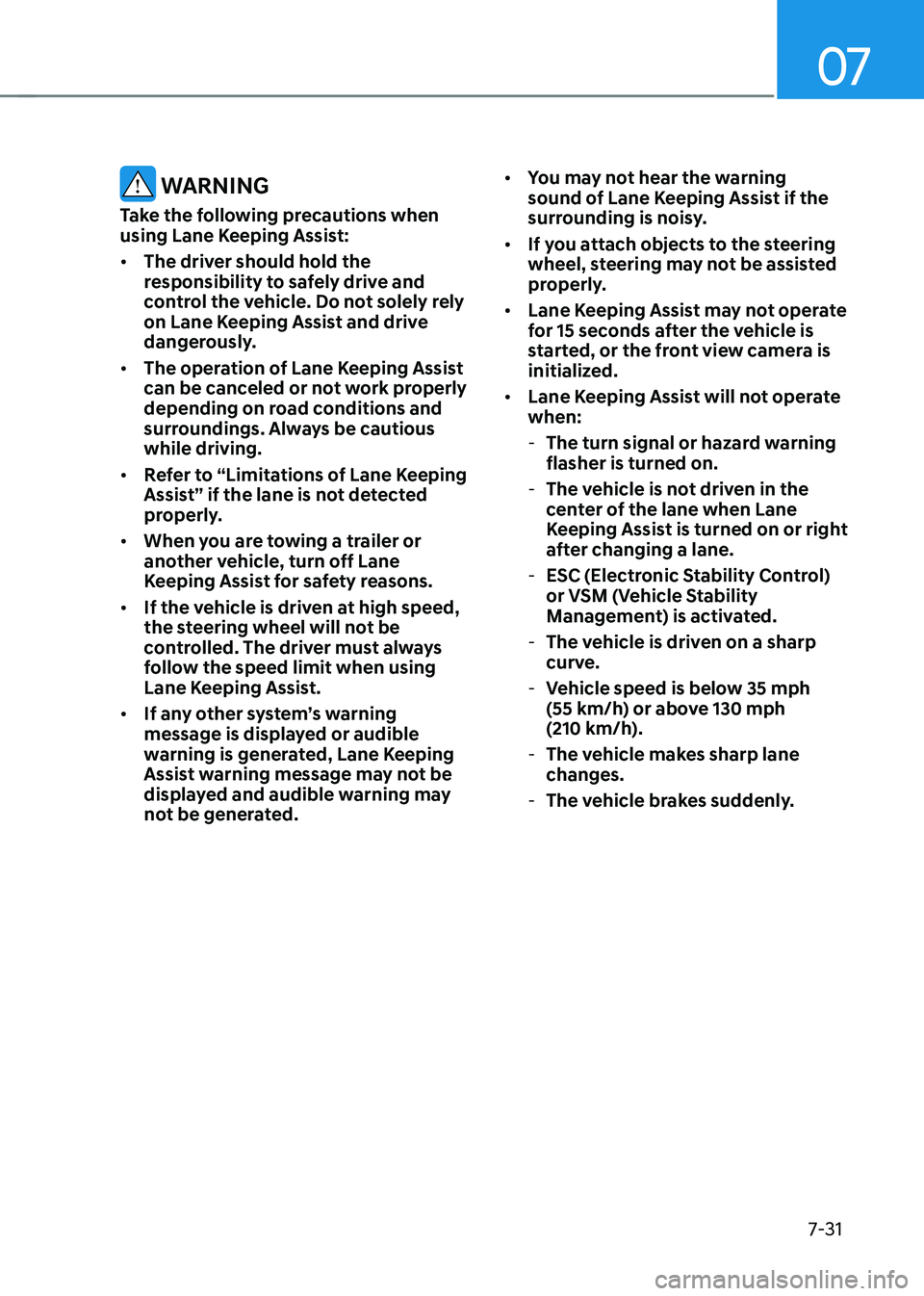 HYUNDAI IONIQ 5 2023  Owners Manual 07
7-31
 WARNING
Take the following precautions when  
using Lane Keeping Assist: •	 The driver should hold the  
responsibility to safely drive and 
control the vehicle. Do not solely rely 
on Lane