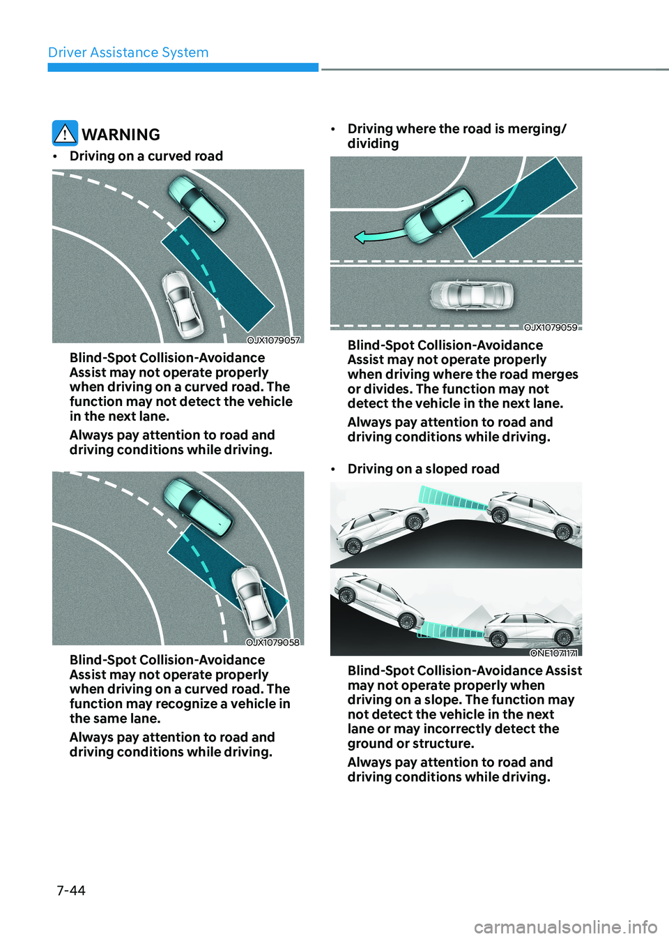 HYUNDAI IONIQ 5 2023  Owners Manual Driver Assistance System
7-44
 WARNING
•	 Driving on a curved road
OJX1079057
Blind-Spot Collision-Avoidance  
Assist may not operate properly 
when driving on a curved road. The 
function may not d
