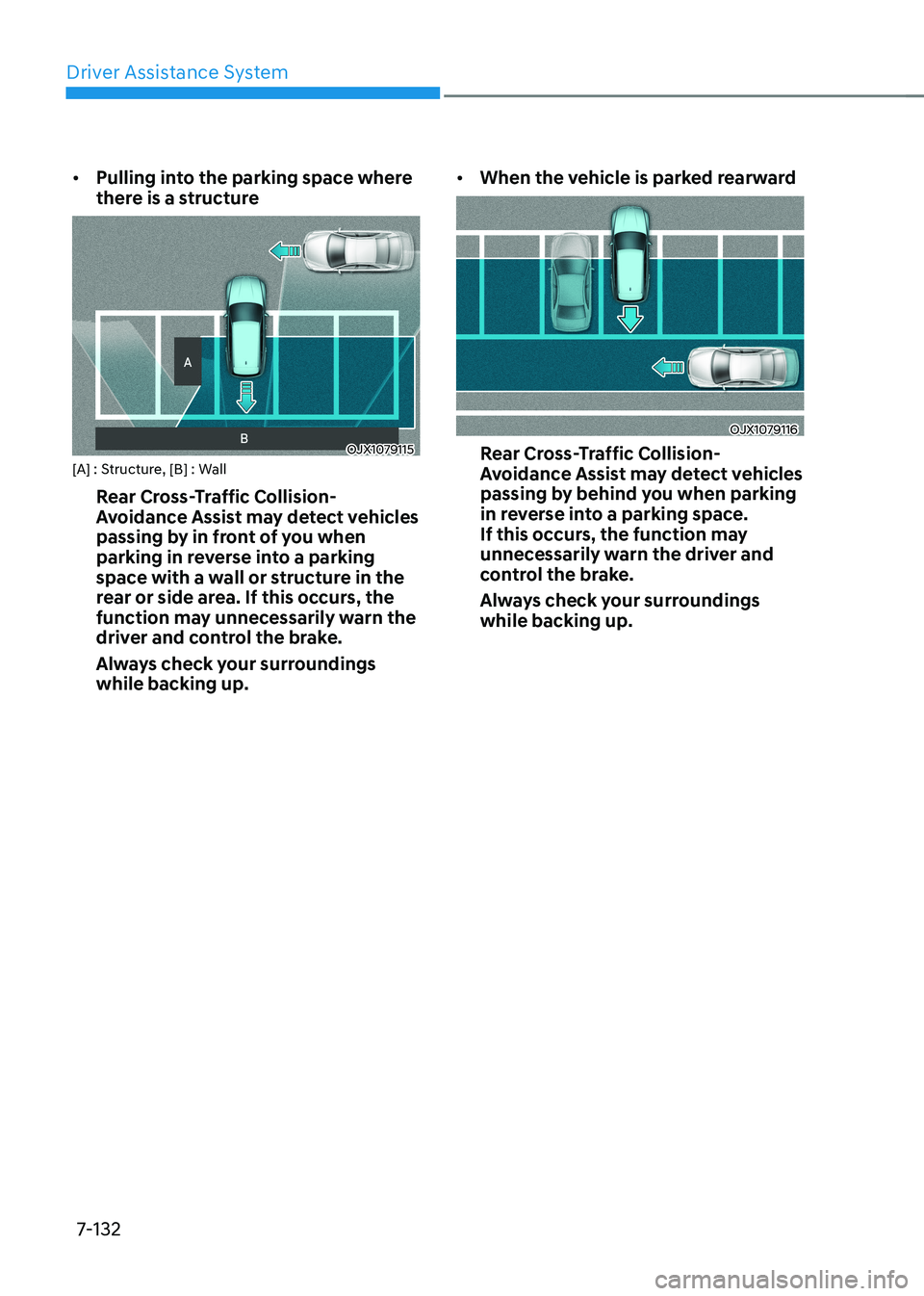HYUNDAI IONIQ 5 2023  Owners Manual Driver Assistance System
7-132
•	
Pulling into the parking space where  
there is a structure 
OJX1079115
[A] : Structure, [B] : Wall
Rear Cross-Traffic Collision- 
Avoidance Assist may detect vehic