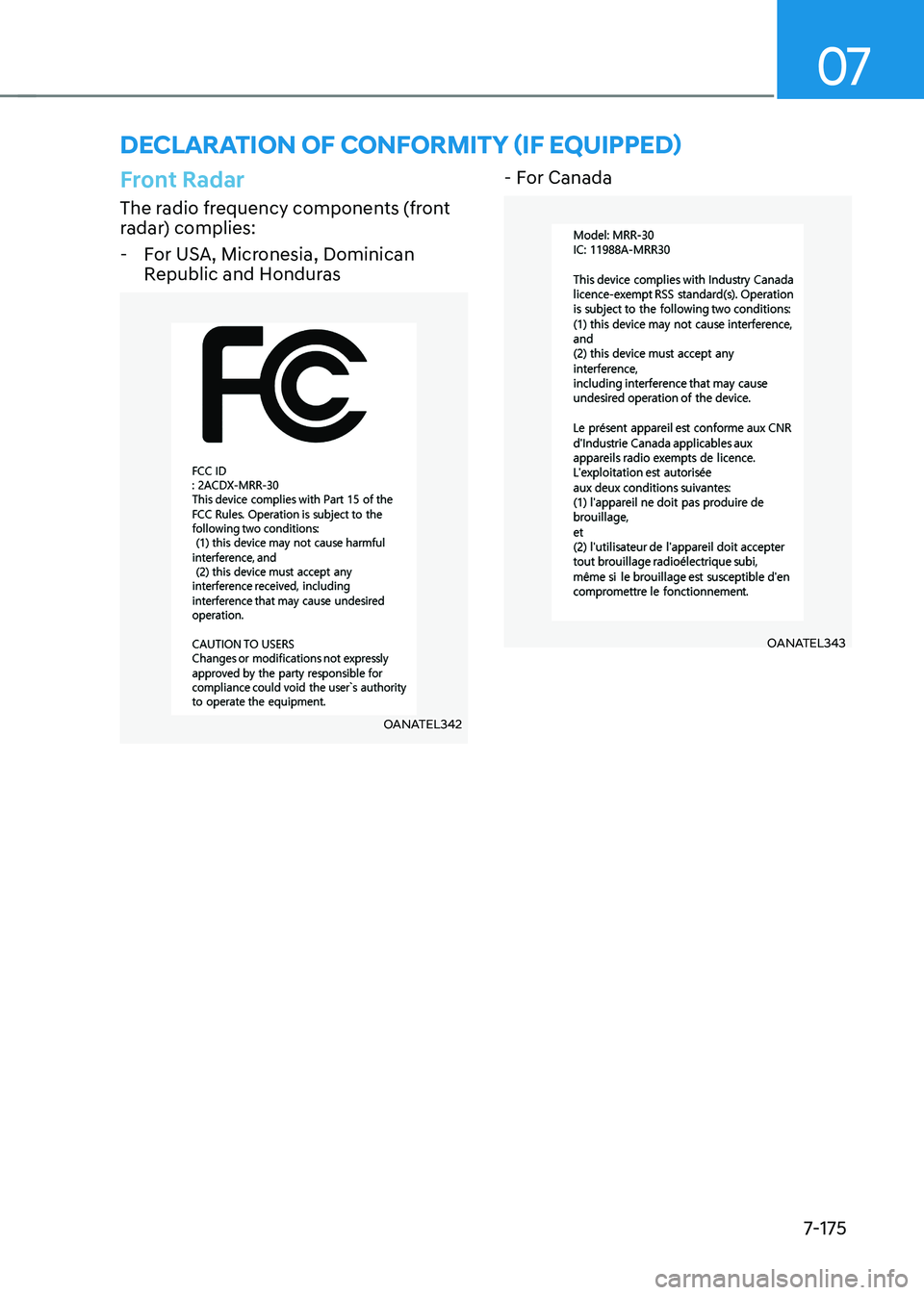 HYUNDAI IONIQ 5 2023  Owners Manual 07
7-175
DECLARATION OF CONFORMITY (IF EQUIPPED)
Front Radar
The radio frequency components (front  
radar) complies: - For USA, Micronesia, Dominican  Republic and Honduras
OANATEL342 - For Canada
OA
