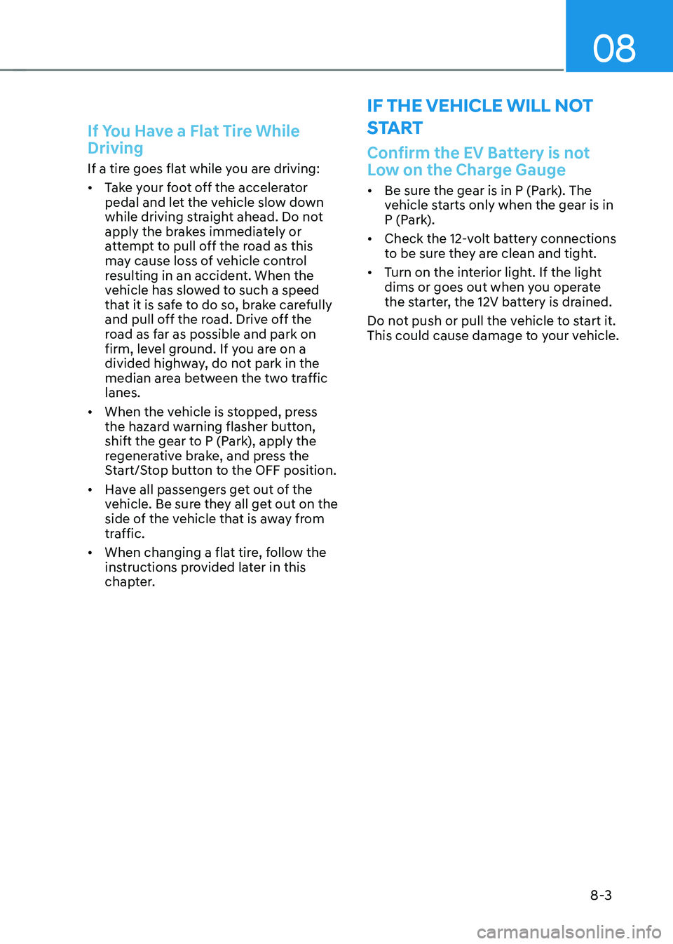 HYUNDAI IONIQ 5 2023  Owners Manual 08
8-3
If You Have a Flat Tire While  Driving
If a tire goes flat while you are driving: •	Take your foot off the accelerator  
pedal and let the vehicle slow down 
while driving straight ahead. Do 