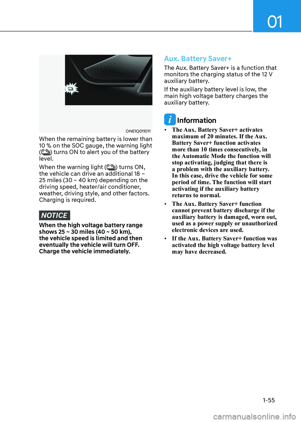 HYUNDAI IONIQ 5 2023 Owners Manual 01
1-55
ONE1Q011011
When the remaining battery is lower than
10 % on the SOC gauge, the warning light (
) turns ON to alert you of the battery
level.
When the warning light (
) turns ON,
the vehi HYUNDAI IONIQ 5 2023 Owners Manual 01
1-55
ONE1Q011011
When the remaining battery is lower than
10 % on the SOC gauge, the warning light (
) turns ON to alert you of the battery
level.
When the warning light (
) turns ON,
the vehi