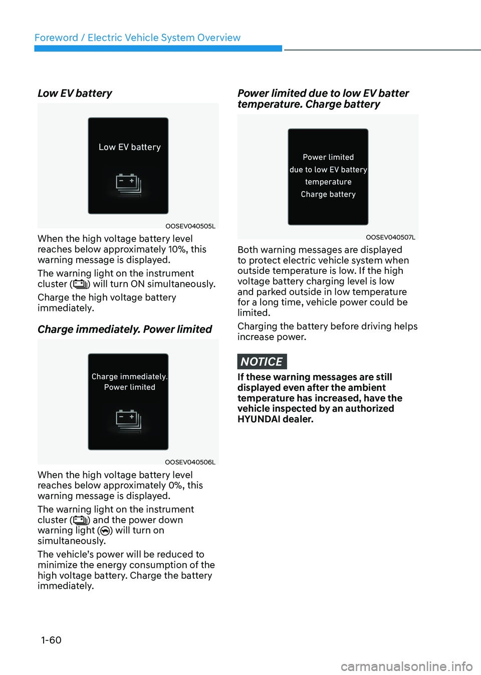 HYUNDAI IONIQ 5 2023  Owners Manual Foreword / Electric Vehicle System Overview
1-60
Low EV battery
OOSEV040505L
When the high voltage battery level  
reaches below approximately 10%, this 
warning message is displayed.  
The warning li