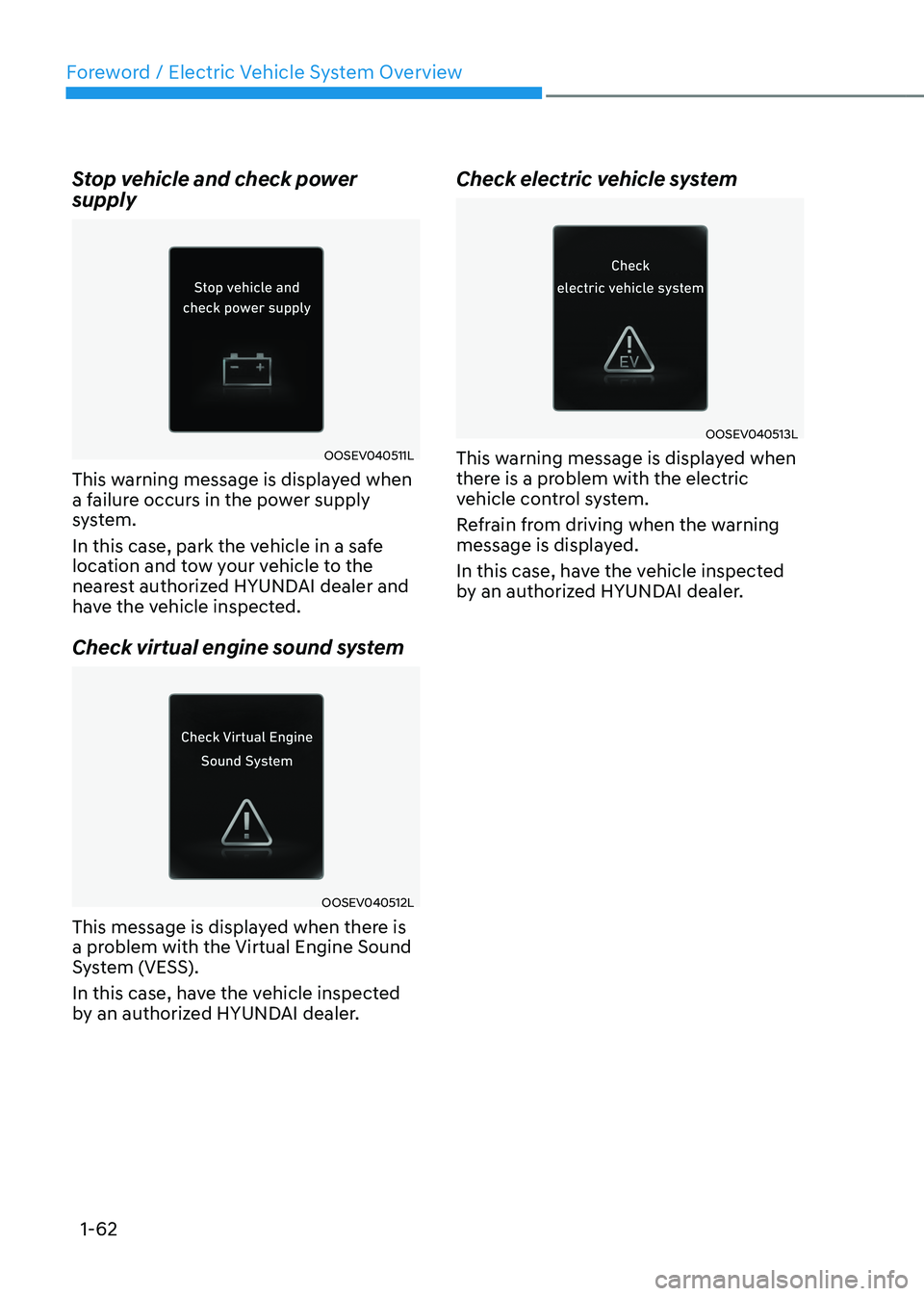 HYUNDAI IONIQ 5 2023  Owners Manual Foreword / Electric Vehicle System Overview
1-62
Stop vehicle and check power  supply
OOSEV040511L
This warning message is displayed when  
a failure occurs in the power supply 
system. 
In this case,