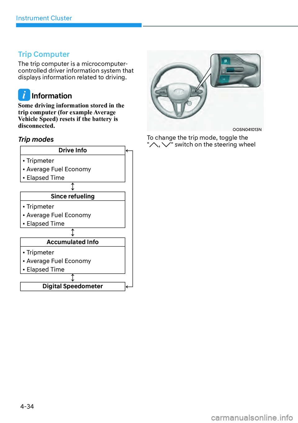 HYUNDAI KONA 2023  Owners Manual Instrument Cluster4-34
Trip Computer
The trip computer is a microcomputer-
controlled driver information system that 
displays information related to driving.
 Information
Some driving information sto