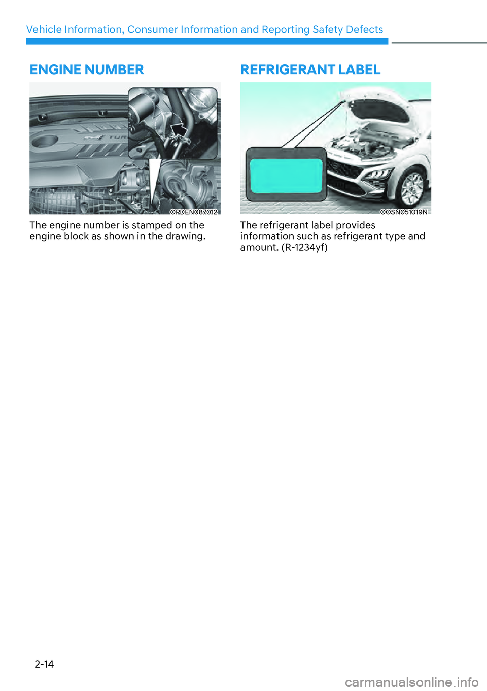 HYUNDAI KONA 2023  Owners Manual Vehicle Information, Consumer Information and Reporting Safety Defects2-14
ENGINE NUMBER
OPDEN087012
The engine number is stamped on the 
engine block as shown in the drawing.
REFRIGERANT LABEL 
OOSN0