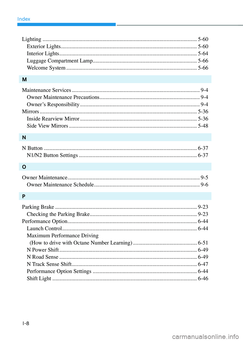 HYUNDAI KONA 2023  Owners Manual Index
I-8
Lighting ........................................................................\
.......................................5-60
 Exterior Lights ..............................................