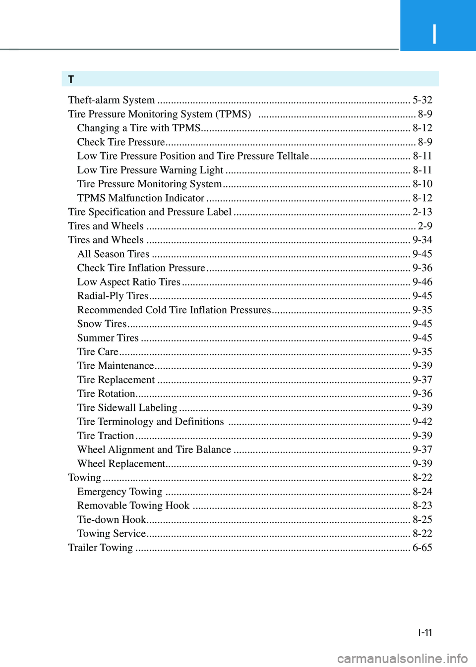 HYUNDAI KONA 2023  Owners Manual I
I-11
T
Theft-alarm System
 ........................................................................\
.....................5-32
Tire Pressure Monitoring System (TPMS)  
 .............................