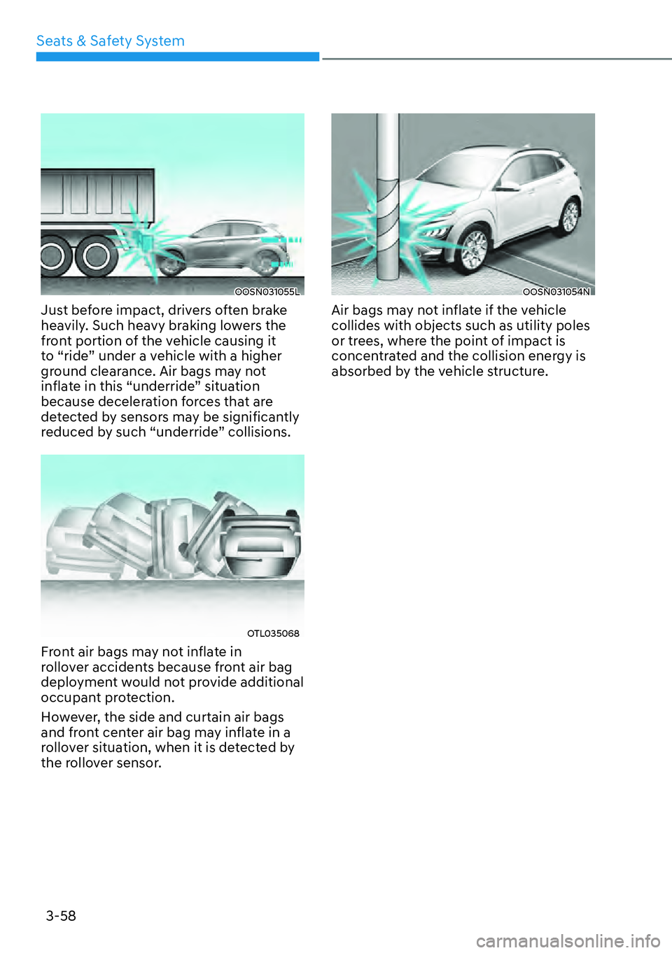 HYUNDAI KONA 2023  Owners Manual Seats & Safety System3-58
OOSN031055L
Just before impact, drivers often brake 
heavily. Such heavy braking lowers the 
front portion of the vehicle causing it 
to “ride” under a vehicle with a hig