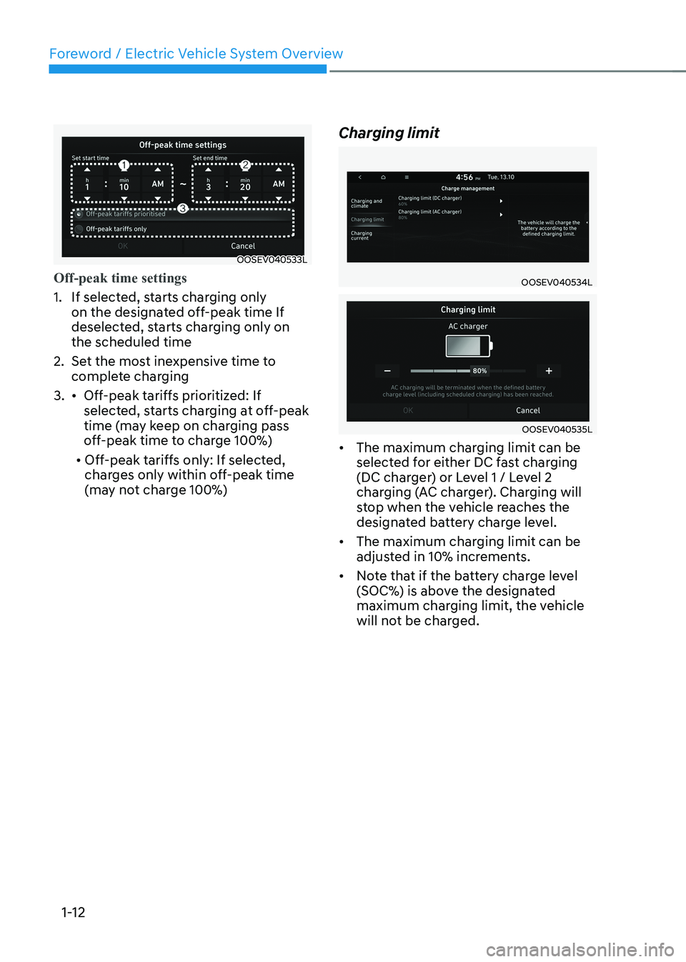 HYUNDAI KONA EV 2023  Owners Manual Foreword / Electric Vehicle System Overview
1-12
OOSEV040533L
Off-peak time settings
1.  If selected, starts charging only on the designated off-peak time If  
deselected, starts charging only on the 