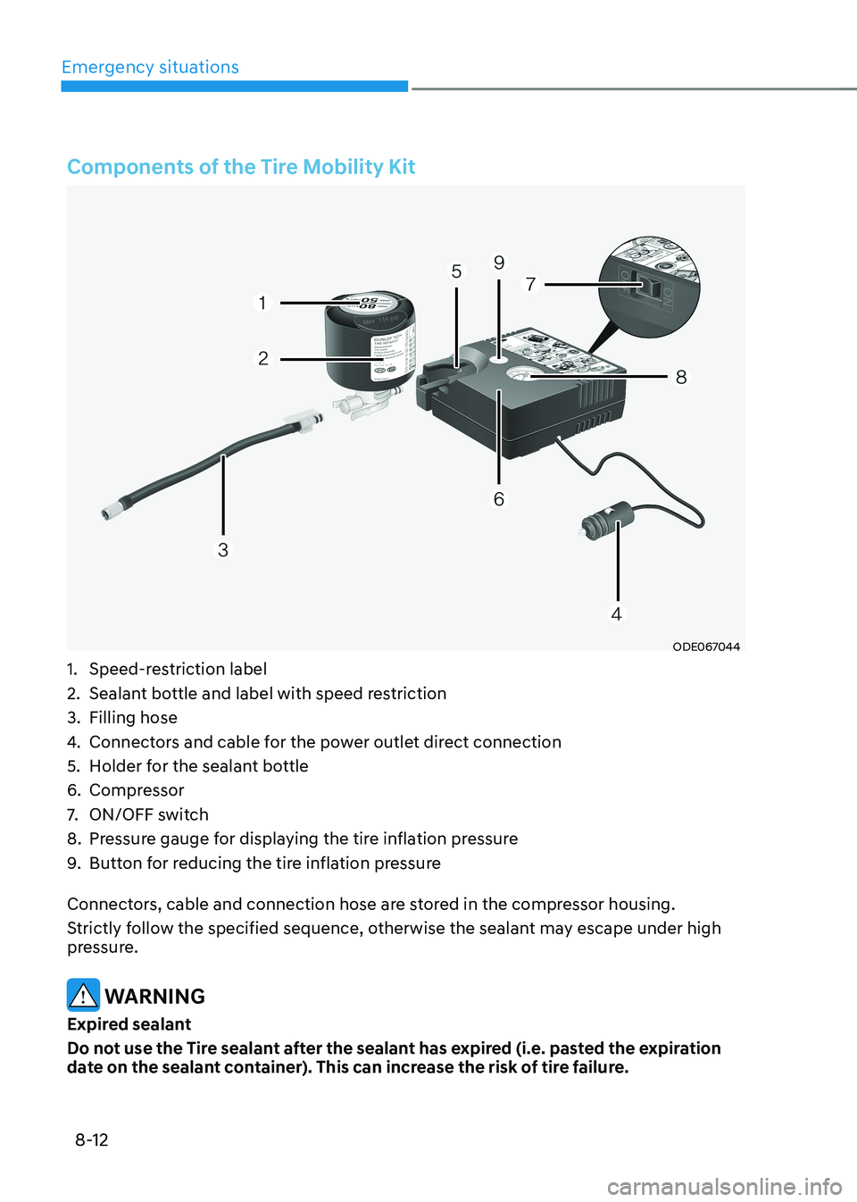 HYUNDAI KONA EV 2023  Owners Manual Emergency situations
8-12
Components of the Tire Mobility Kit
ODE067044
1.  Speed-restriction label 
2.  Sealant bottle and label with speed restriction
3.  Filling hose  
4.  Connectors and cable for
